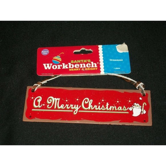 A Merry Christmas Metal Tree Ornament Red Santa Workbench Sign Country Rustic - Picture 1 of 6